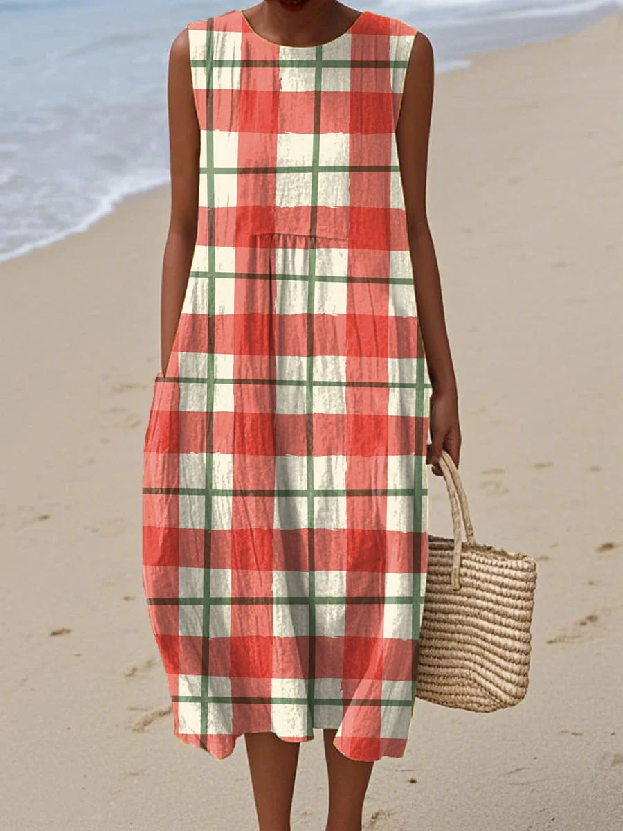 Women's Vintage Abstract Geometric Art Print Sleeveless Cotton Pocket Wrap Dress-Series3