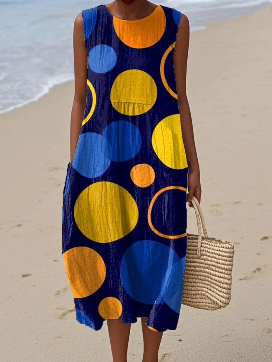 Women's Vintage Abstract Geometric Art Print Sleeveless Cotton Pocket Wrap Dress-Series4