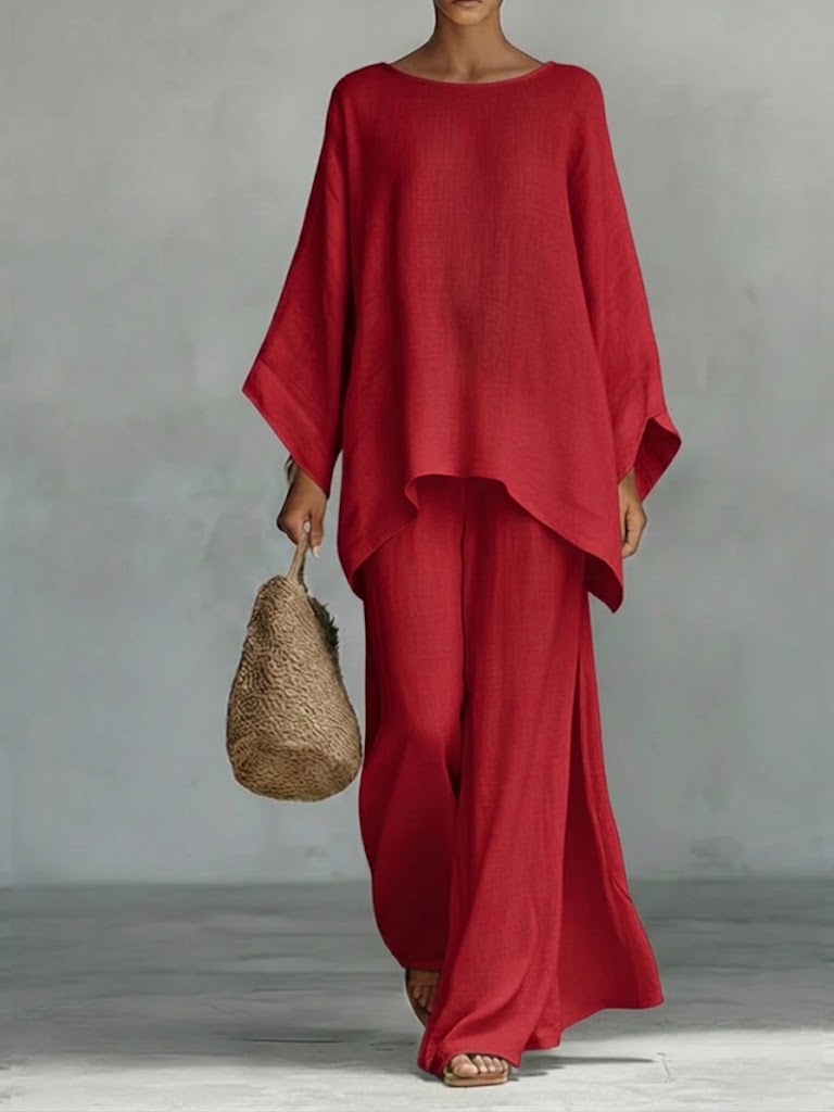 Women's Round Neck Long Sleeve Wide-leg Casual Irregular Hem Two-piece Pants Set