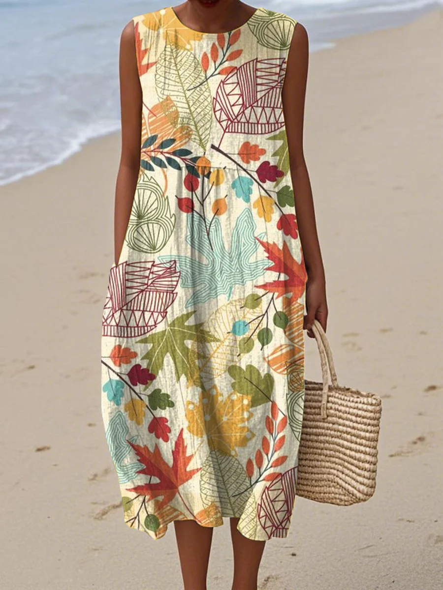 Women's Abstract Art Geometric Lines Print Sleeveless Cotton Pocket Wrap Dress