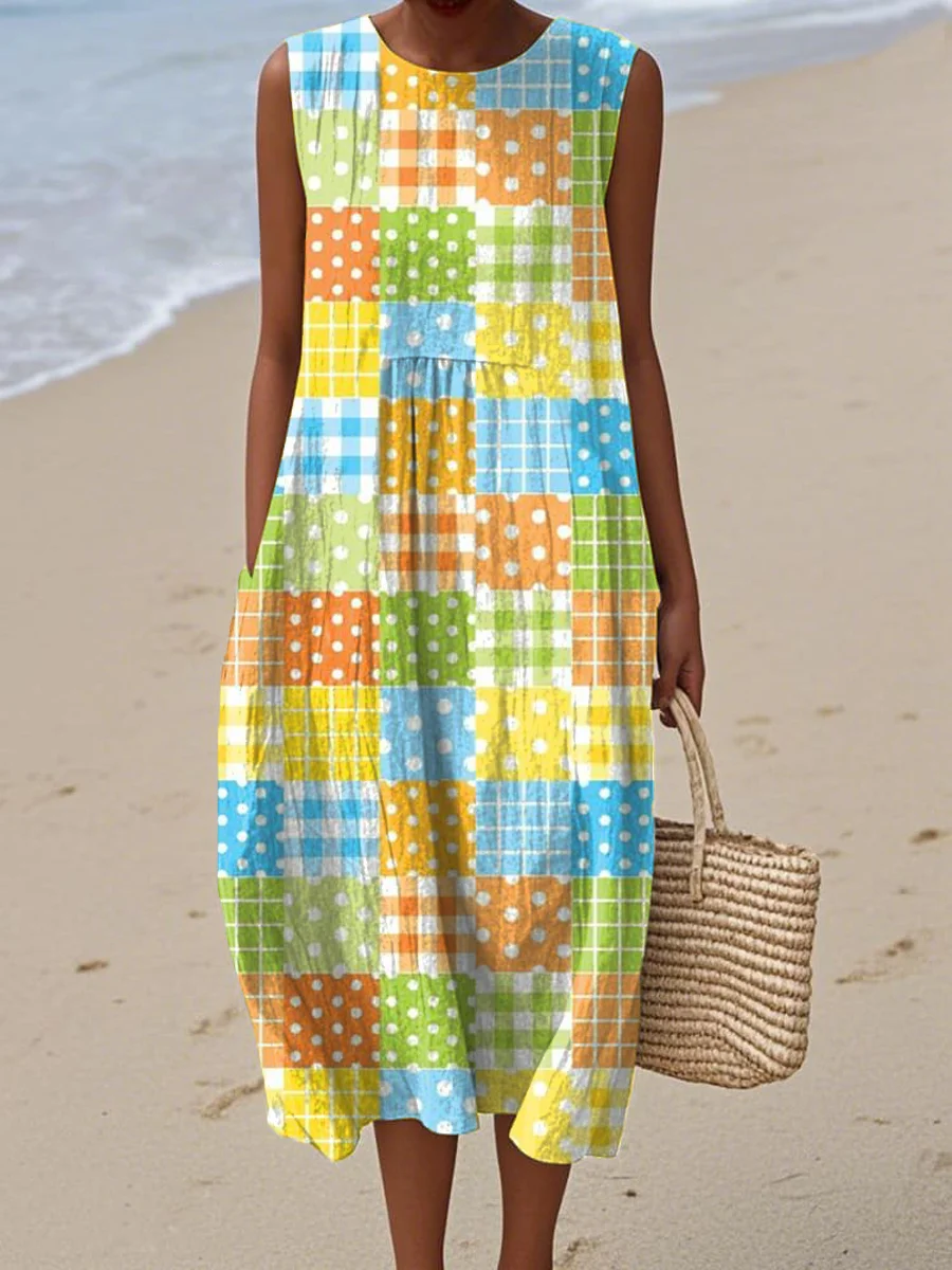 Women's Vintage Abstract Geometric Art Print Sleeveless Cotton Pocket Wrap Dress-Series4