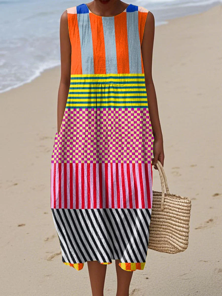 Women's Vintage Abstract Geometric Art Print Sleeveless Cotton Pocket Wrap Dress-Series3