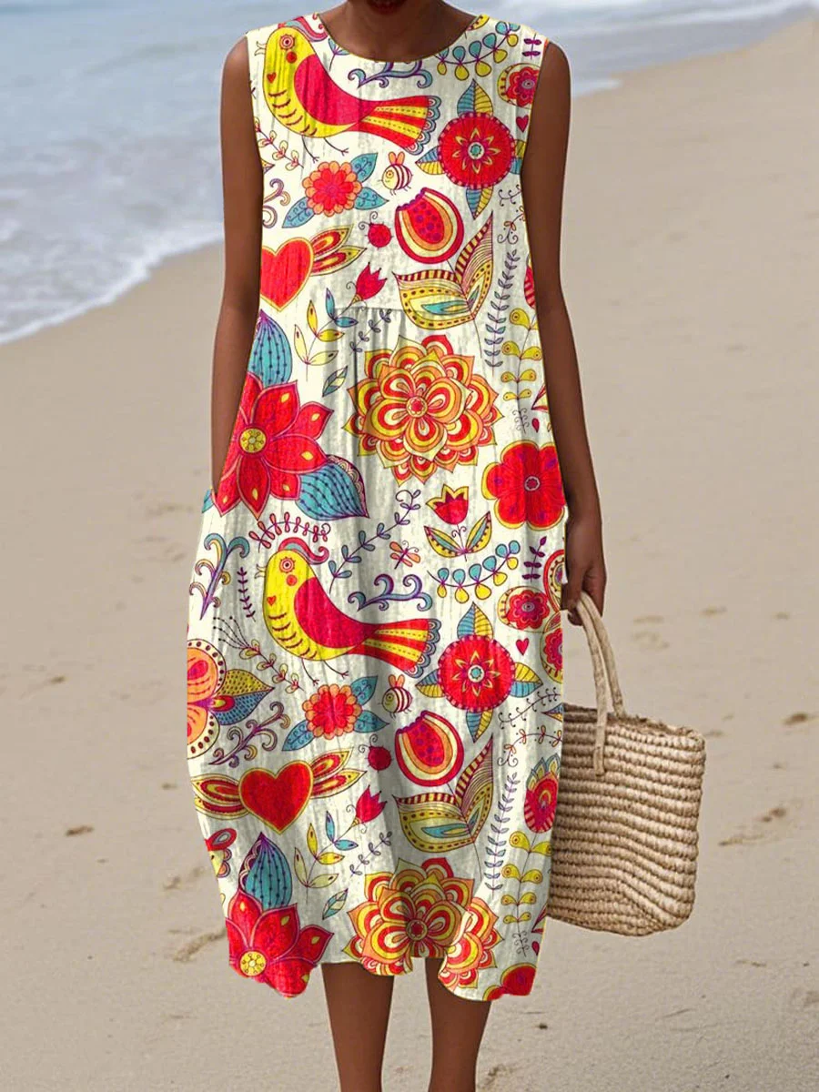 Women's Vintage Abstract Geometric Art Print Sleeveless Cotton Pocket Wrap Dress-Series3