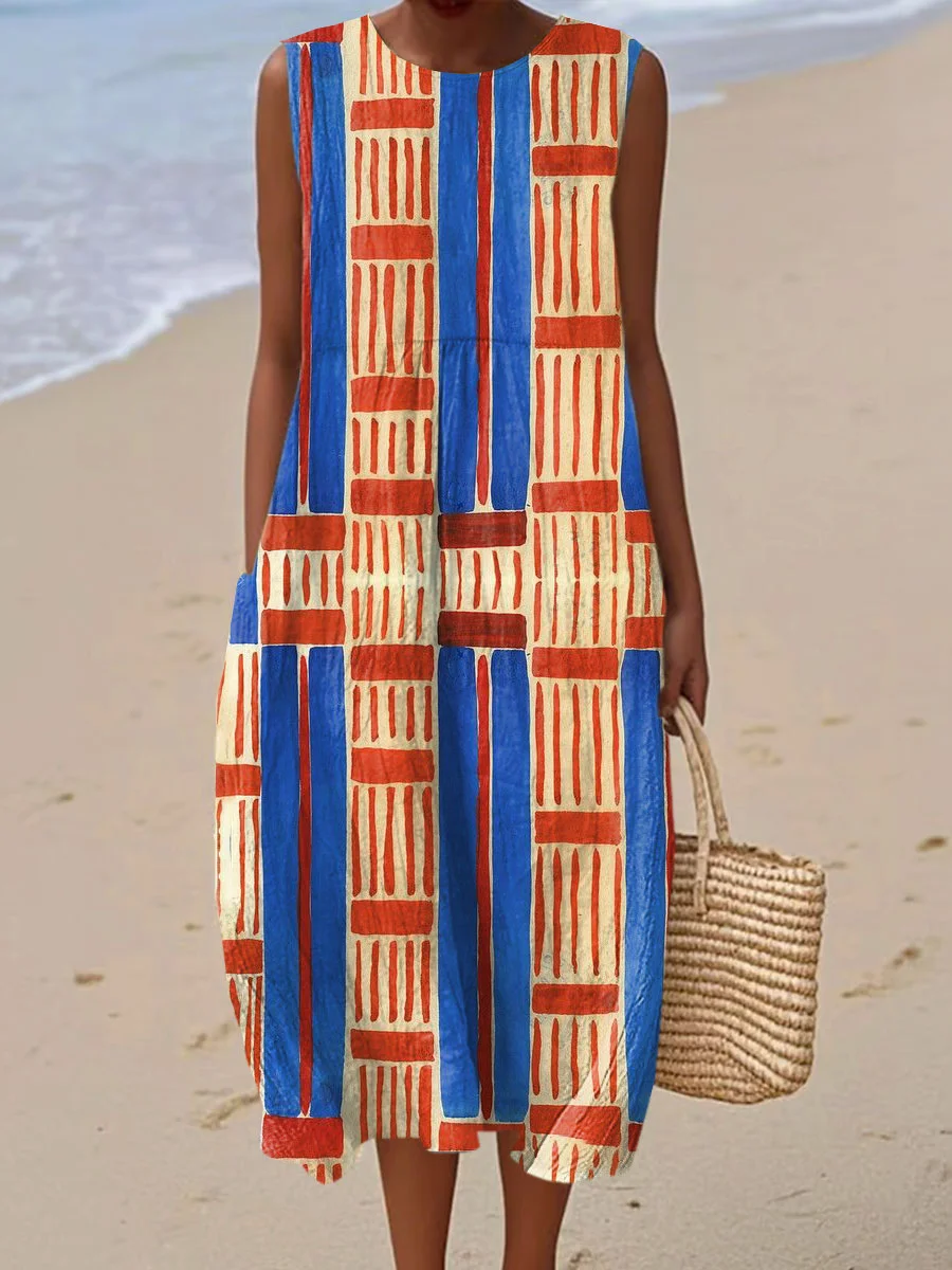 Women's Vintage Abstract Geometric Art Print Sleeveless Cotton Pocket Wrap Dress