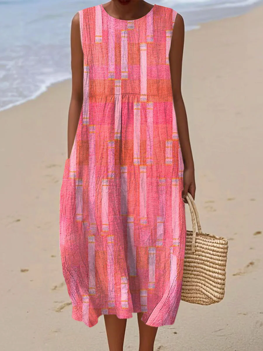 Women's Vintage Abstract Geometric Art Print Sleeveless Cotton Pocket Wrap Dress