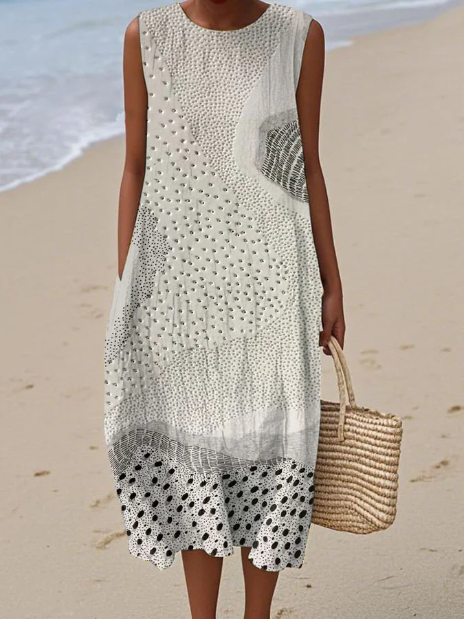 Women's Vintage Abstract Geometric Art Print Sleeveless Cotton Pocket Wrap Dress-Series4