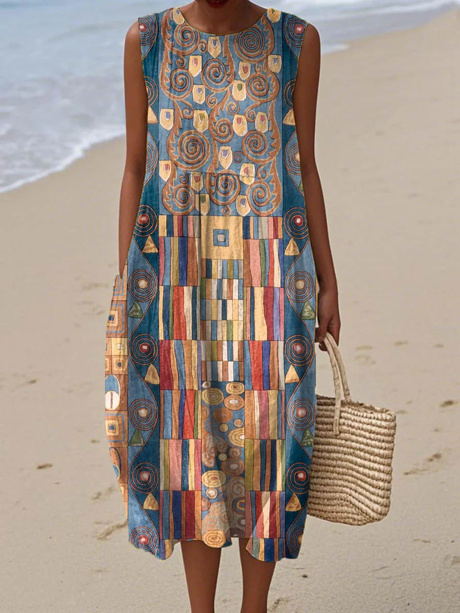 Women's Vintage Abstract Geometric Art Print Sleeveless Cotton Pocket Wrap Dress