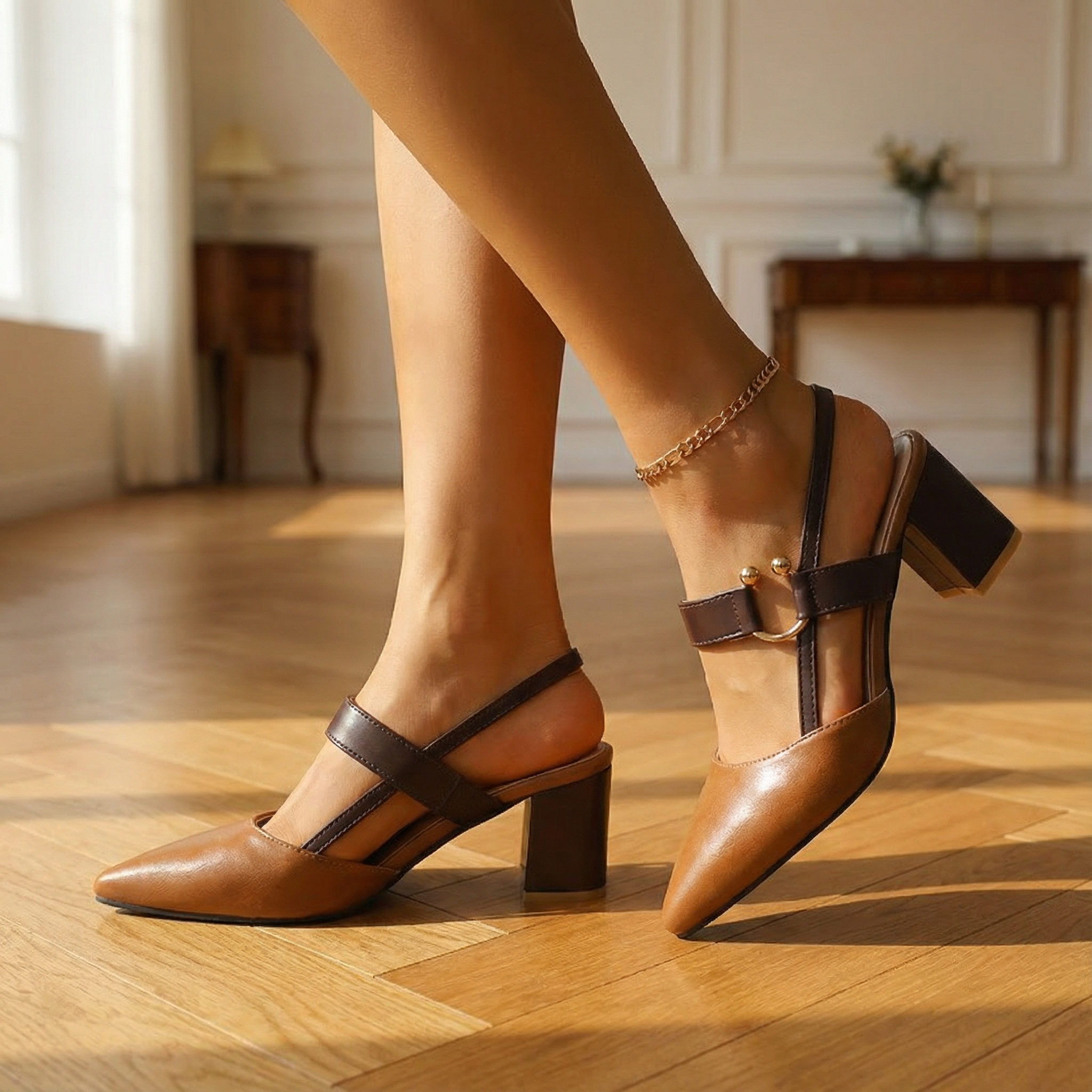 Women's Pointed Toe Block Heel Slingback Sandals - Adjustable Buckle & Cushioned Orthopedic Insole