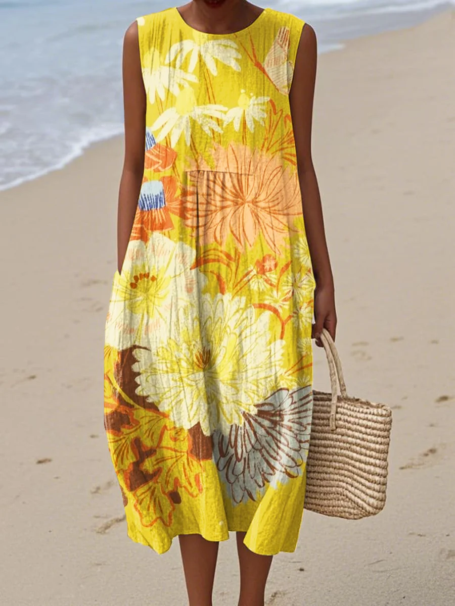 Women's Vintage Abstract Geometric Art Print Sleeveless Cotton Pocket Wrap Dress-Series4