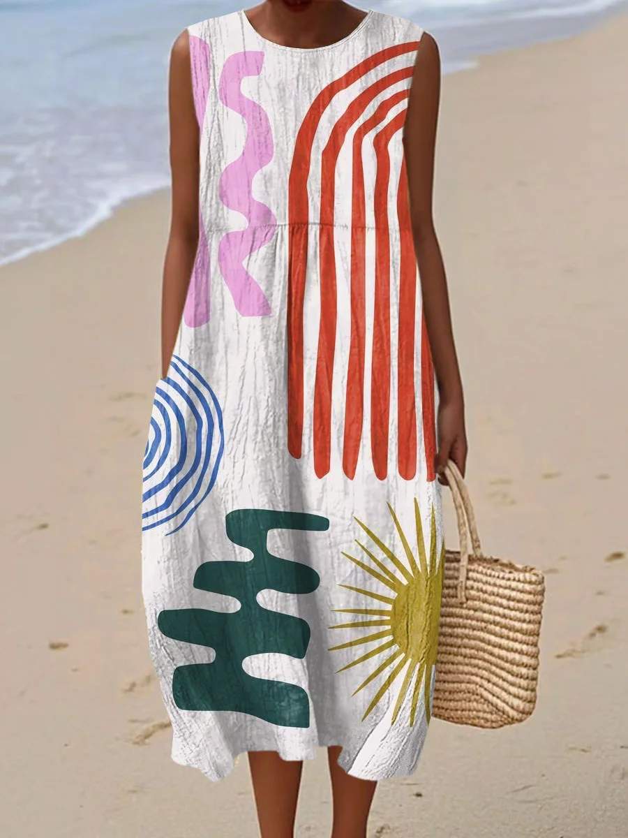 Women's Vintage Abstract Geometric Art Print Sleeveless Cotton Pocket Wrap Dress