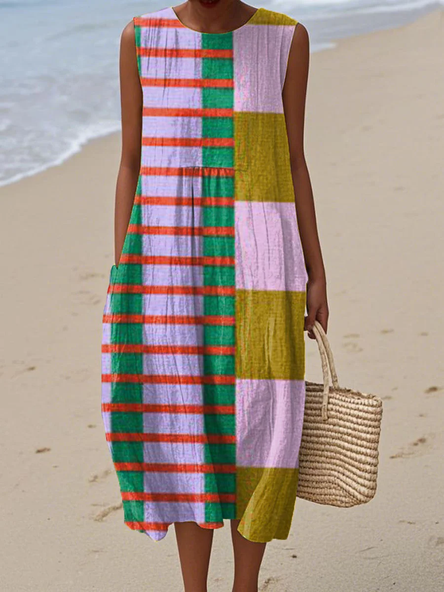 Women's Vintage Abstract Geometric Art Print Sleeveless Cotton Pocket Wrap Dress-Series2