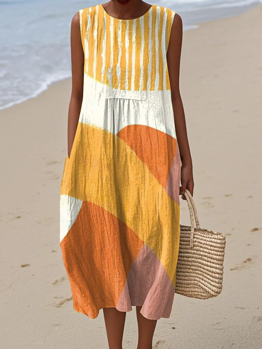 Women's Abstract Art Geometric Lines Print Sleeveless Cotton Pocket Wrap Dress