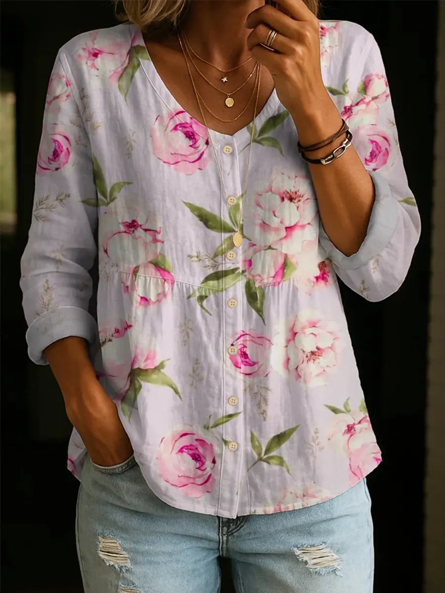 Women's Floral Pattern Art Print Casual Cotton Shirt