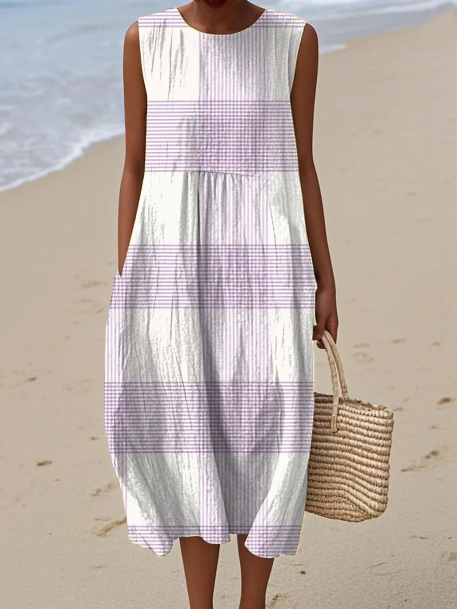 Women's Abstract Art Geometric Lines Print Sleeveless Cotton Pocket Wrap Dress