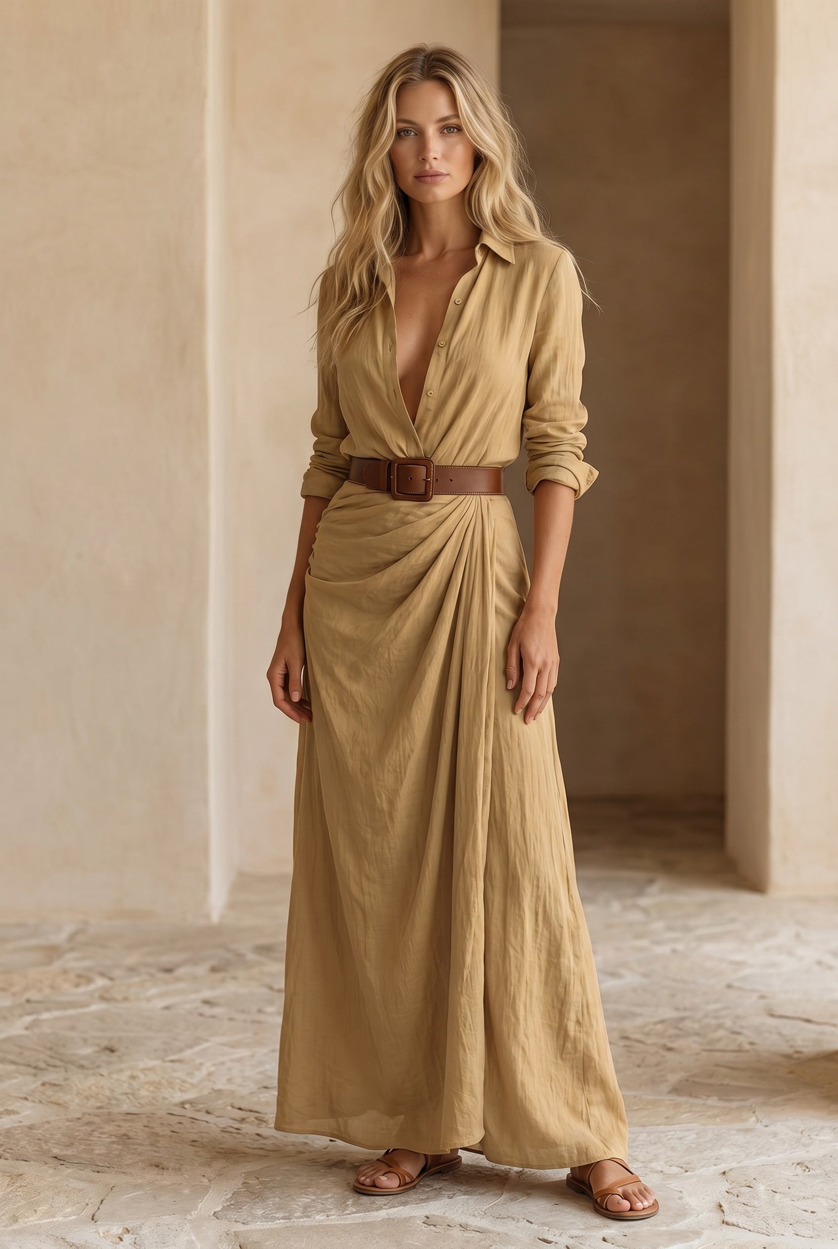 Elvira Belted Maxi Dress lapel collar detail
