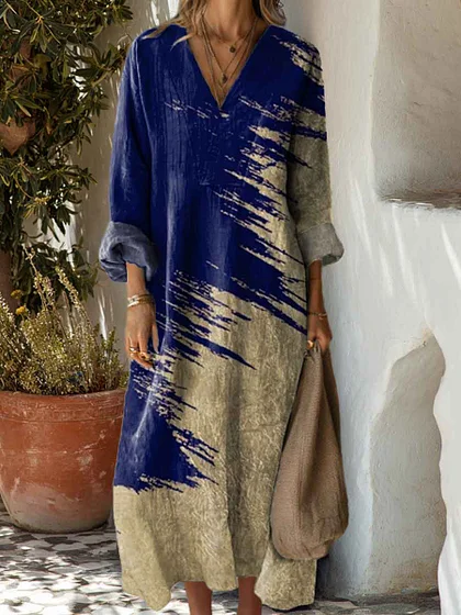 Women's Cotton linen Abstract Geometric Pattern Art Print Dress