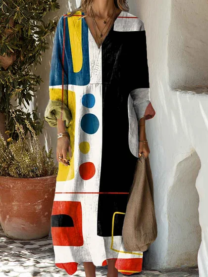 Women's Cotton linen Abstract Geometric Pattern Art Print Dress