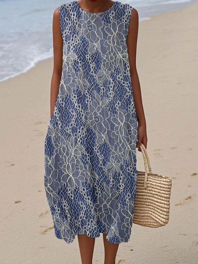 Women's Vintage Abstract Geometric Art Print Sleeveless Cotton Pocket Wrap Dress-Series4