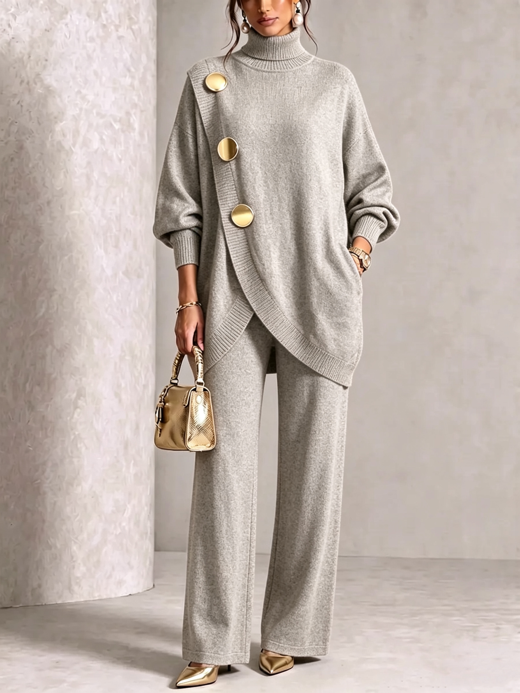 Elegant Burgundy Knit Asymmetrical Button Set