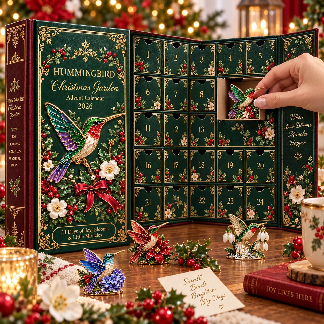 Opening one numbered compartment from the Hummingbird Christmas Garden Advent Calendar