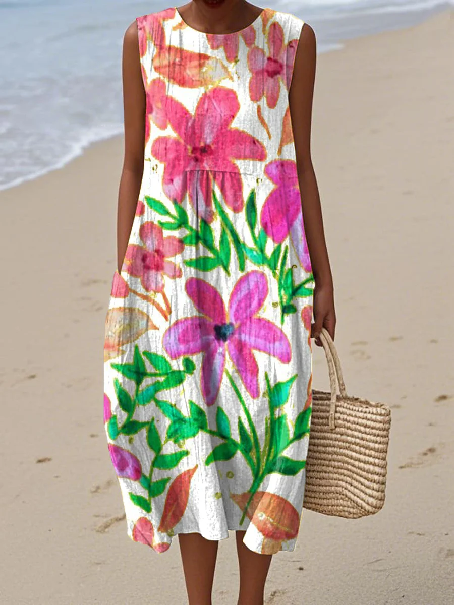 Women's Vintage Abstract Geometric Art Print Sleeveless Cotton Pocket Wrap Dress-Series4