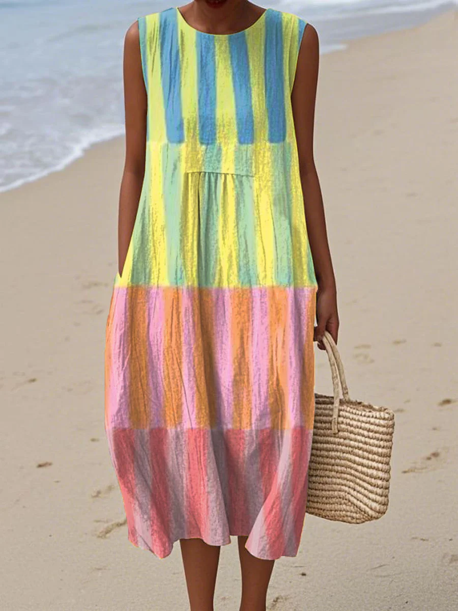 Women's Vintage Abstract Geometric Art Print Sleeveless Cotton Pocket Wrap Dress-Series3