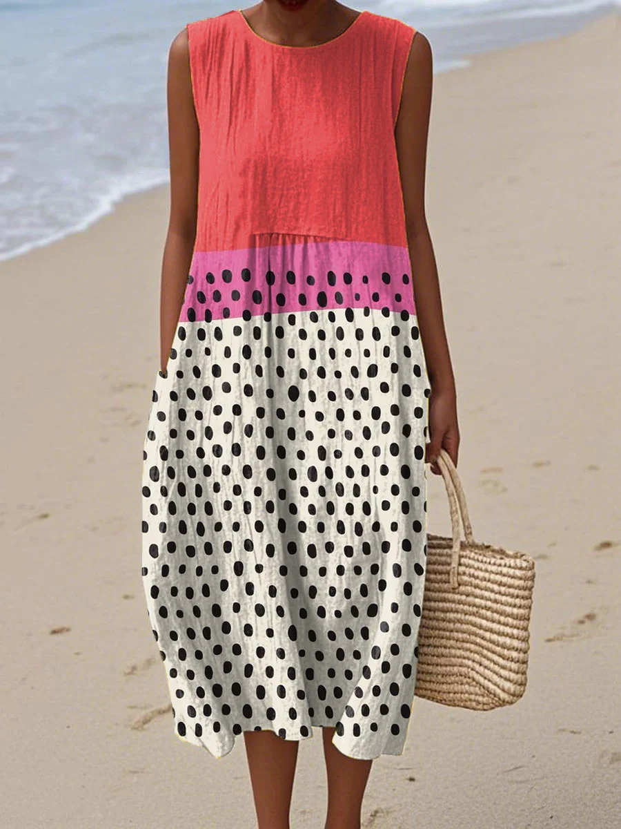 Women's Vintage Abstract Geometric Art Print Sleeveless Cotton Pocket Wrap Dress-Series3