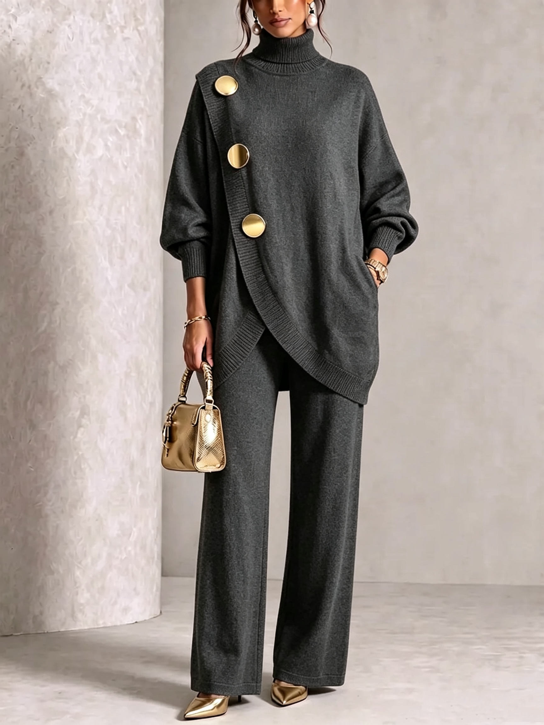 Elegant Burgundy Knit Asymmetrical Button Set