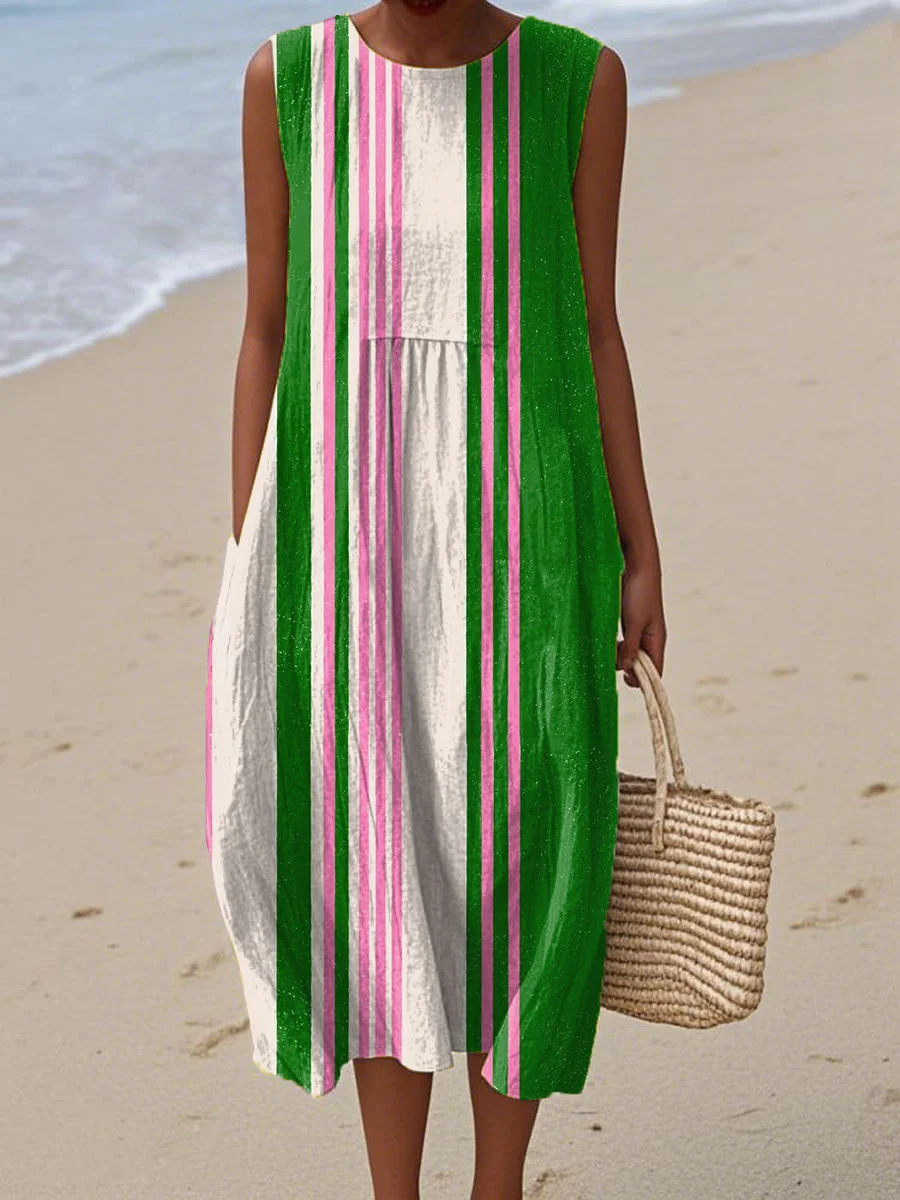 Women's Vintage Abstract Geometric Art Print Sleeveless Cotton Pocket Wrap Dress-Series2