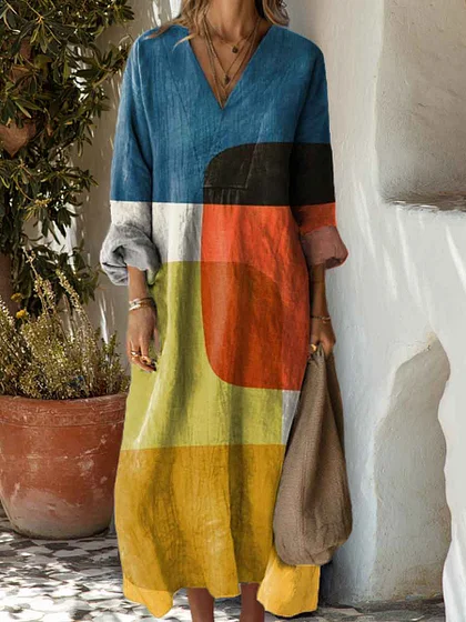 Women's Cotton linen Abstract Geometric Pattern Art Print Dress