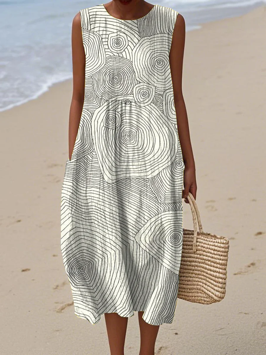 Women's Vintage Abstract Geometric Art Print Sleeveless Cotton Pocket Wrap Dress-Series3