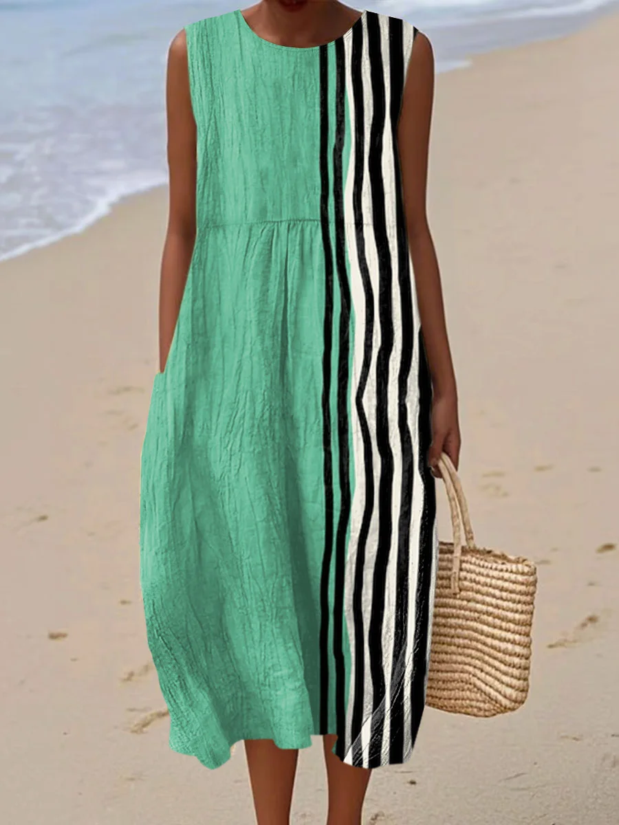 Women's Vintage Abstract Geometric Art Print Sleeveless Cotton Pocket Wrap Dress-Series2