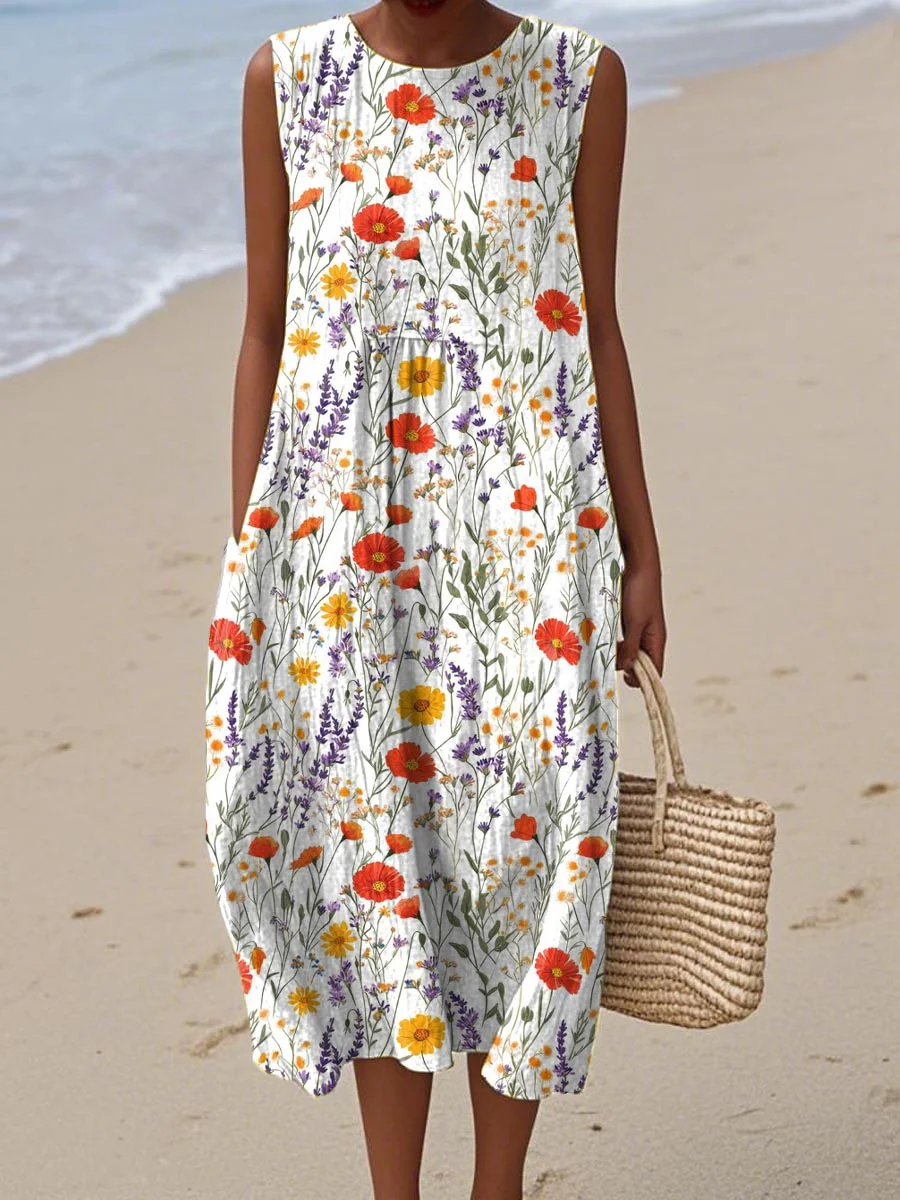 Women's Vintage Abstract Geometric Art Print Sleeveless Cotton Pocket Wrap Dress-Series5