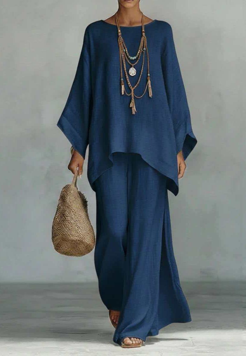 Women's Round Neck Long Sleeve Wide-leg Casual Irregular Hem Two-piece Pants Set