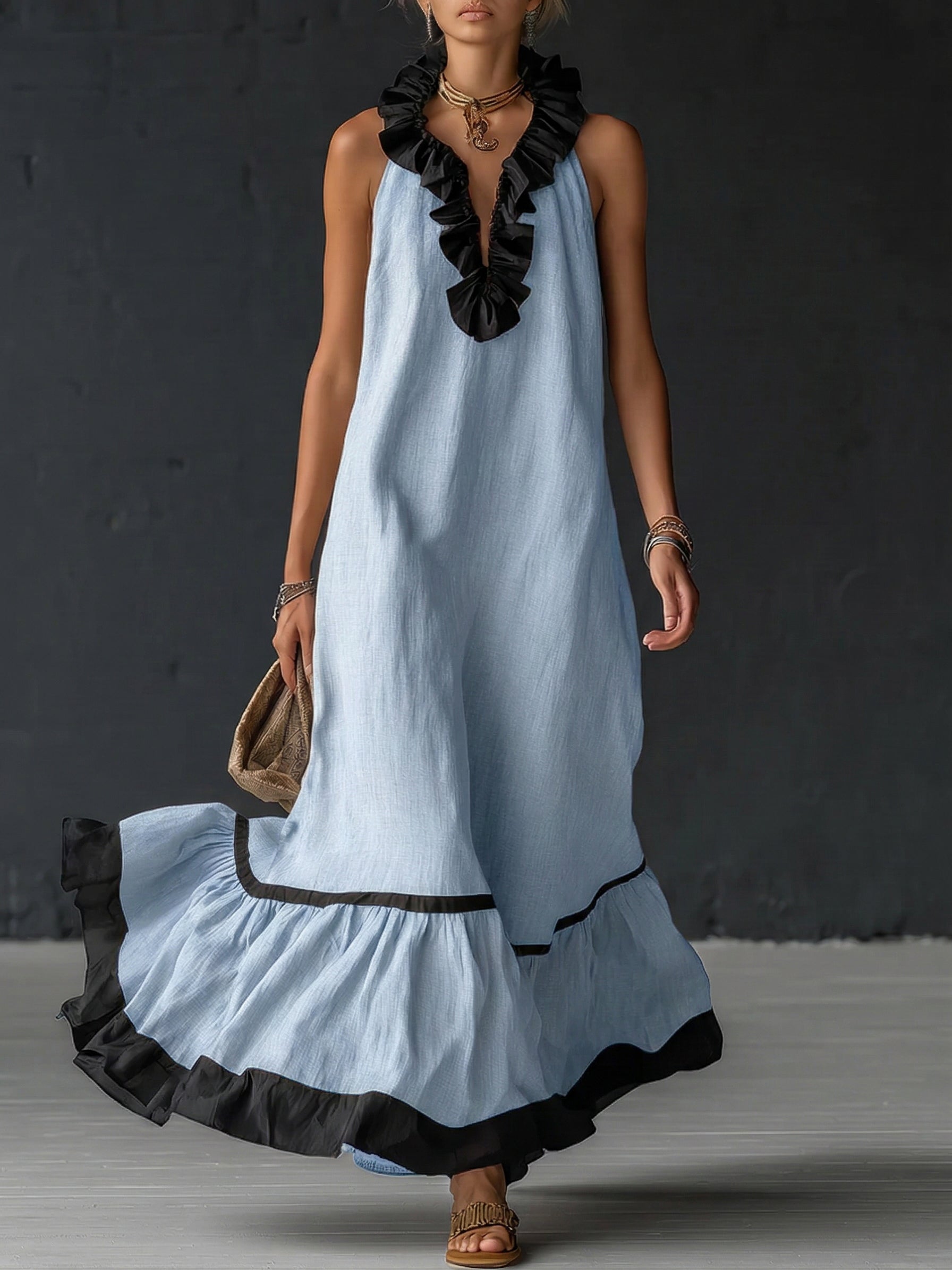 Elegant And Romantic Ruffled Color-blocked Maxi Dress
