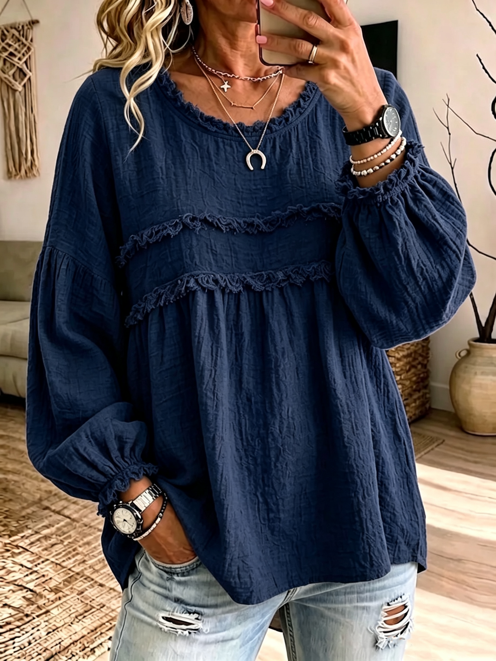 Casual Raw-edge Ruffled Cotton-linen Blend Pleated Top