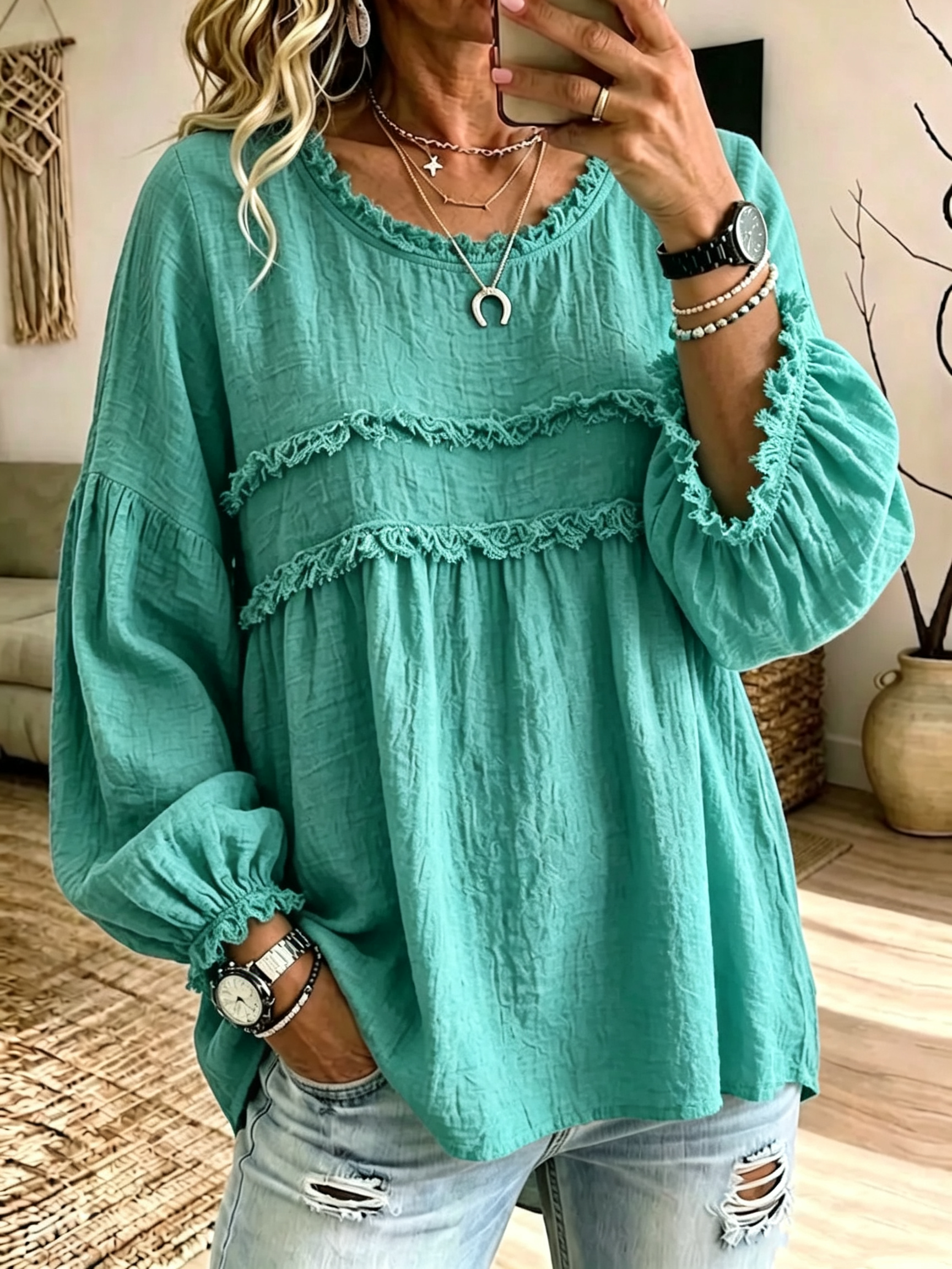 Casual Raw-edge Ruffled Cotton-linen Blend Pleated Top