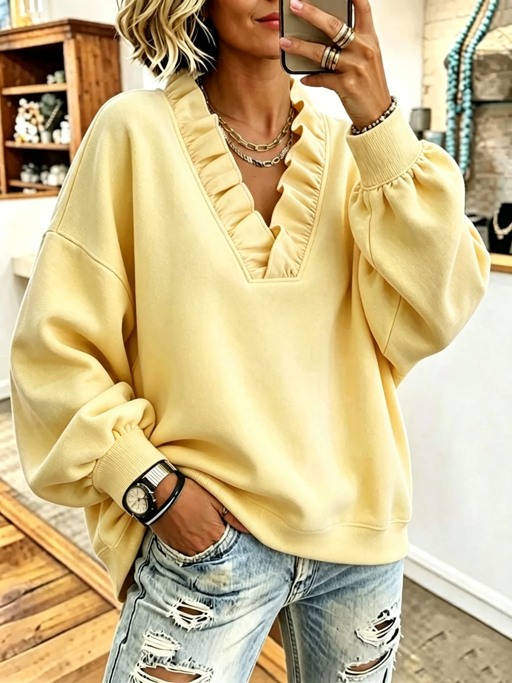 Cozy Oversized Vibrant Pink Ruffled Sweatshirt