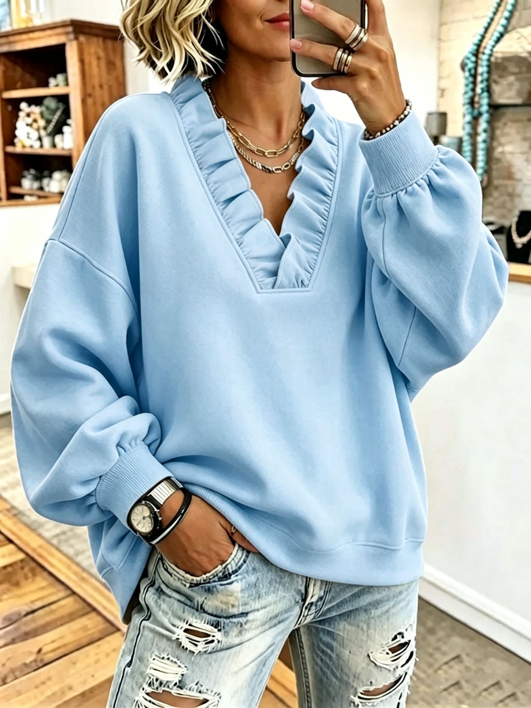 Cozy Oversized Vibrant Pink Ruffled Sweatshirt