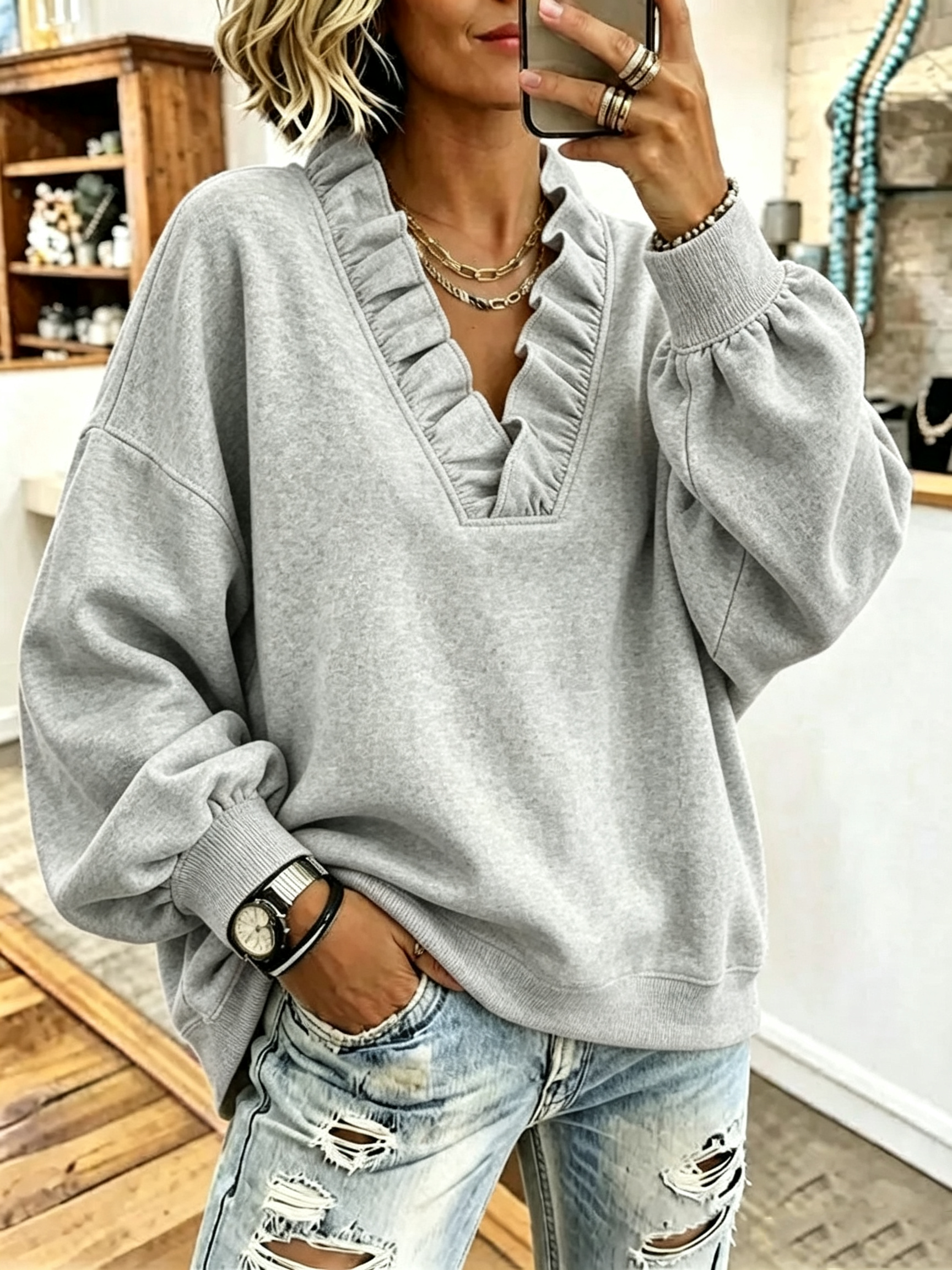 Cozy Oversized Vibrant Pink Ruffled Sweatshirt