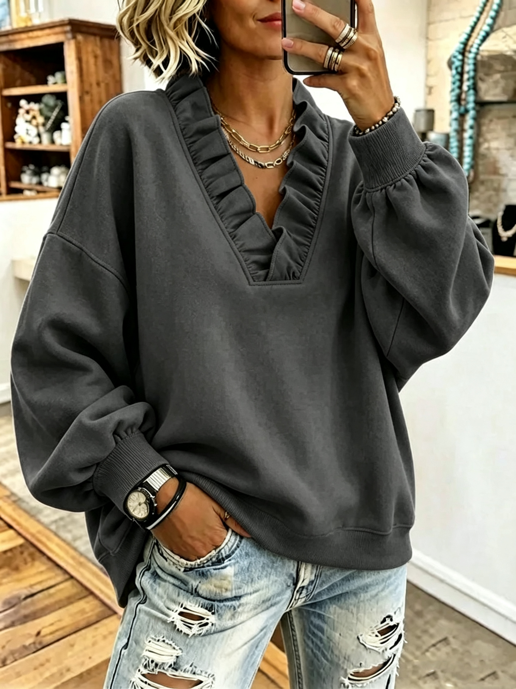 Cozy Oversized Vibrant Pink Ruffled Sweatshirt