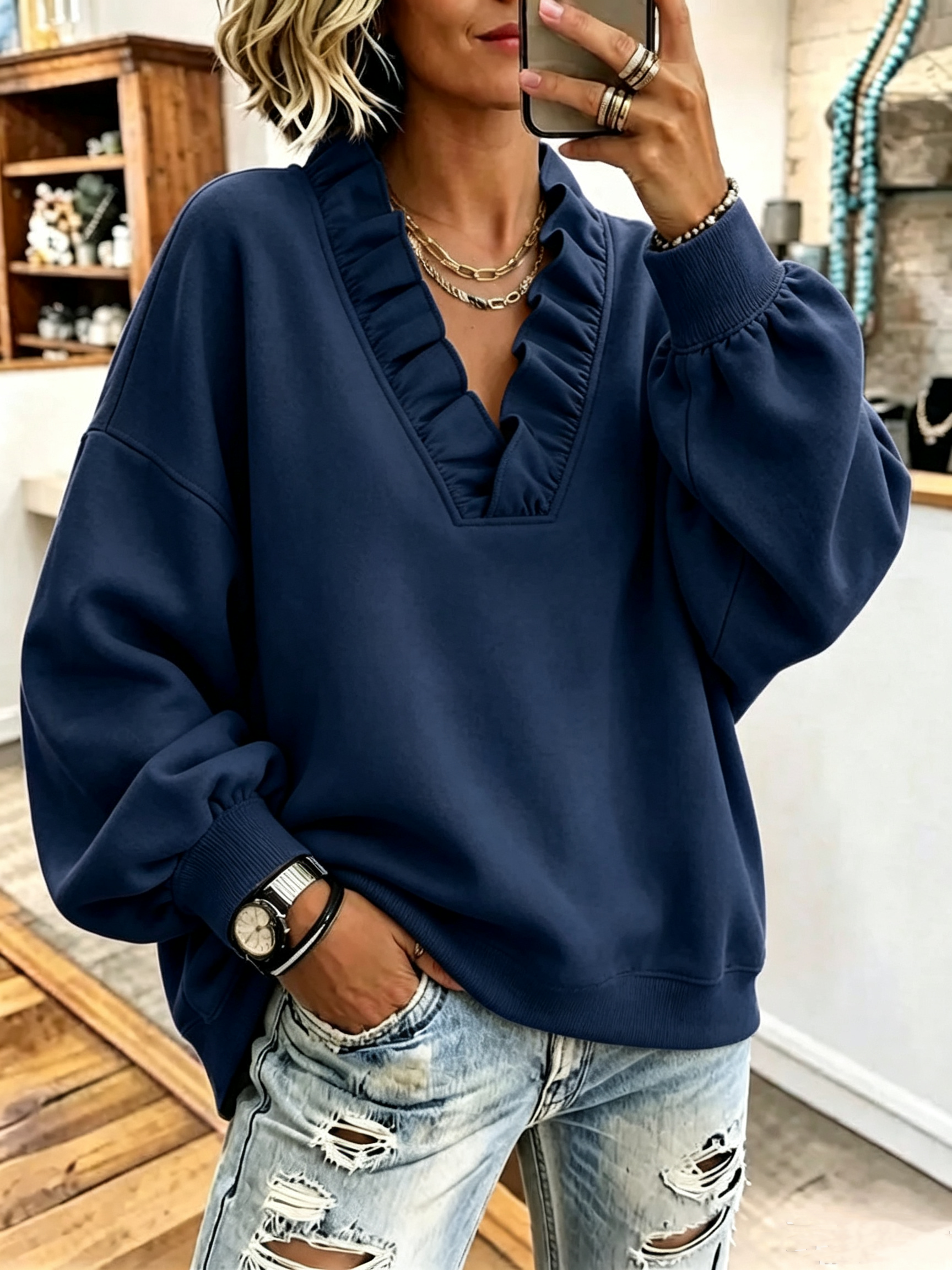Cozy Oversized Vibrant Pink Ruffled Sweatshirt