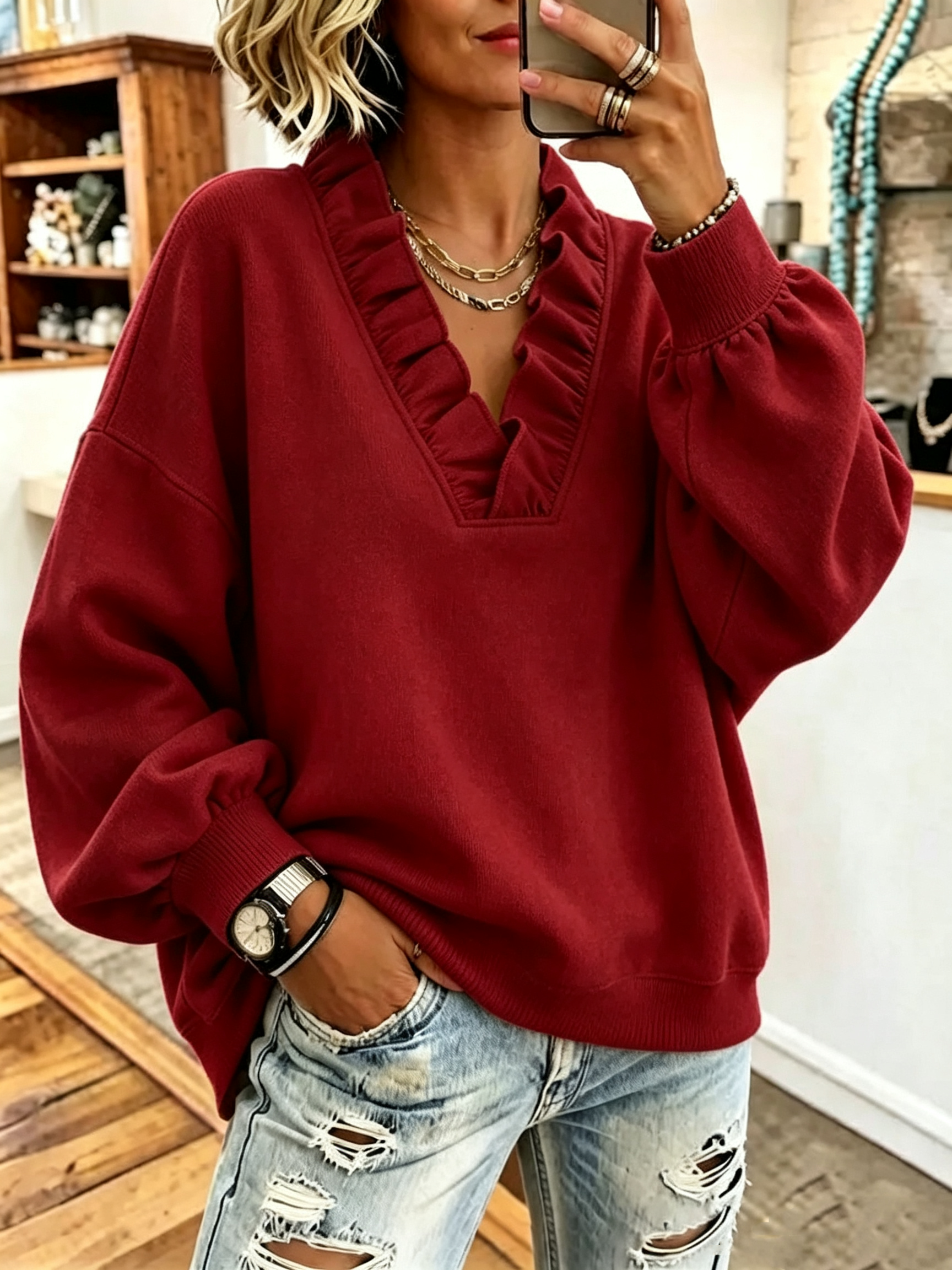 Cozy Oversized Vibrant Pink Ruffled Sweatshirt
