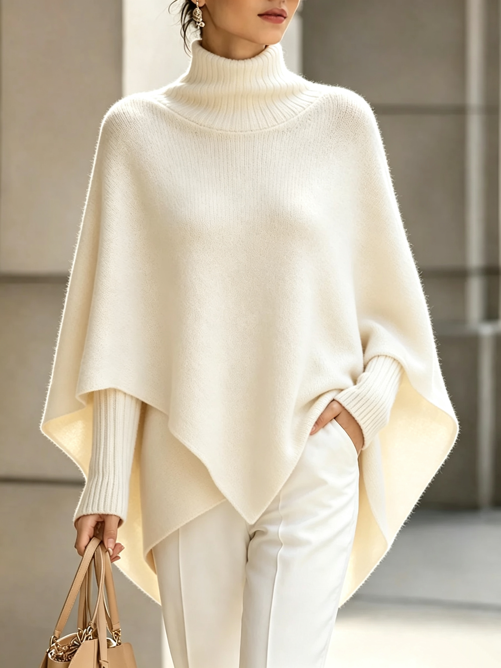 Women's Solid-Color High-Neck Long-Sleeve Loose-Fit Cape-Style Knit Top