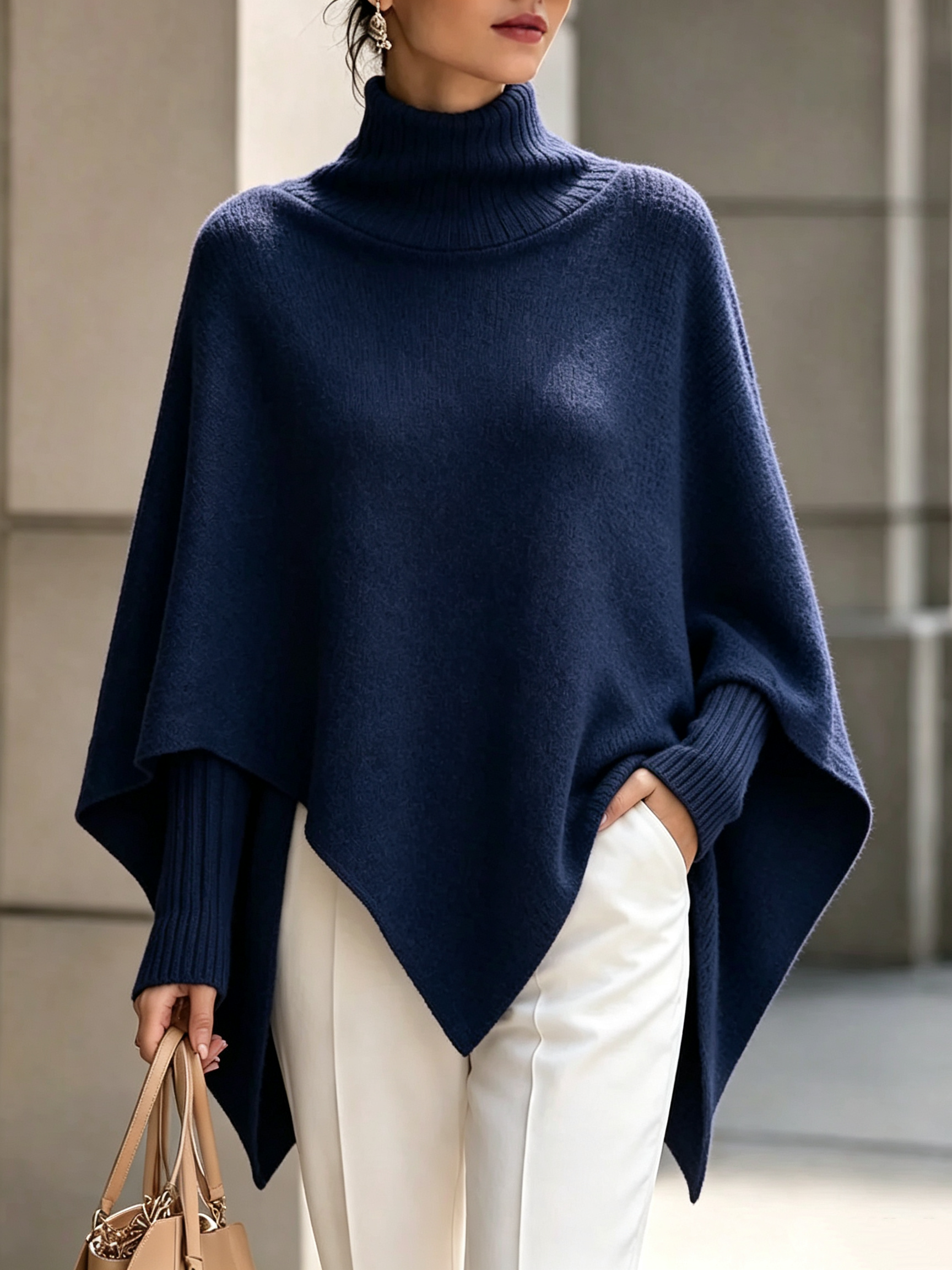 Women's Solid-Color High-Neck Long-Sleeve Loose-Fit Cape-Style Knit Top