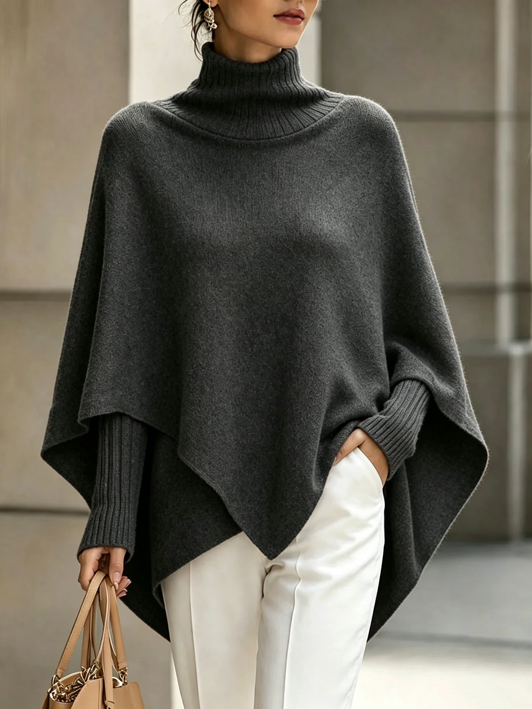 Women's Solid-Color High-Neck Long-Sleeve Loose-Fit Cape-Style Knit Top