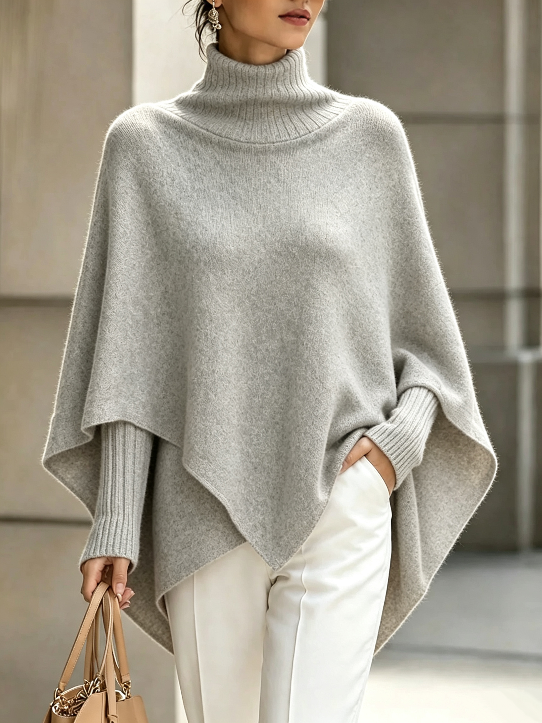 Women's Solid-Color High-Neck Long-Sleeve Loose-Fit Cape-Style Knit Top