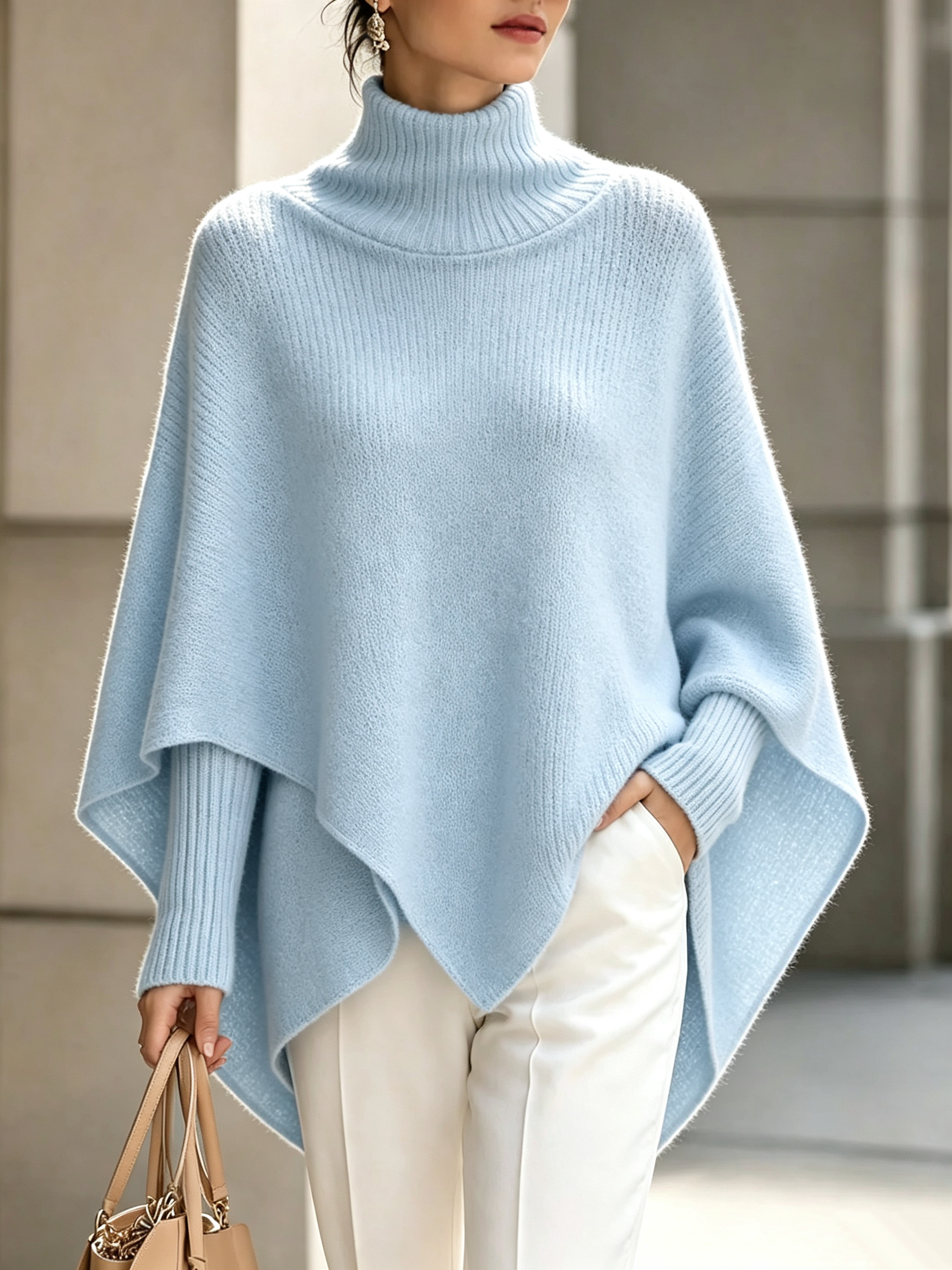 Women's Solid-Color High-Neck Long-Sleeve Loose-Fit Cape-Style Knit Top