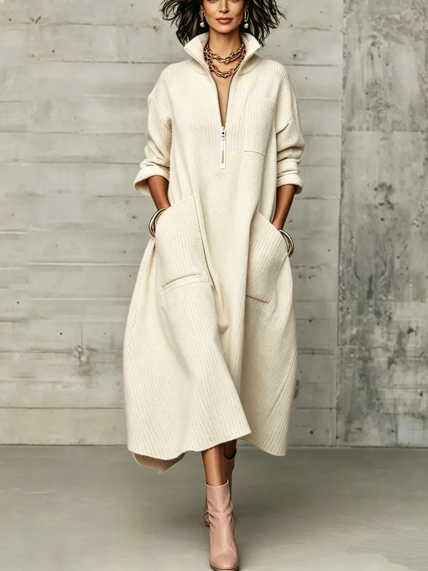 Elegant Quarter-zip High Collar Oversized Knit Midi Dress