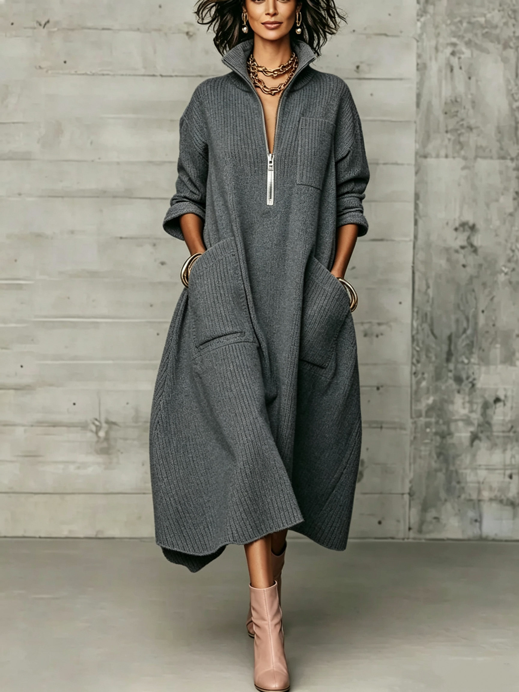 Elegant Quarter-zip High Collar Oversized Knit Midi Dress
